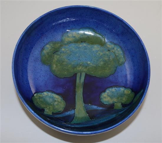 A Moorcroft Moonlit Blue pattern Tudric pewter footed bowl, c.1920, diameter 19.5cm, restorations